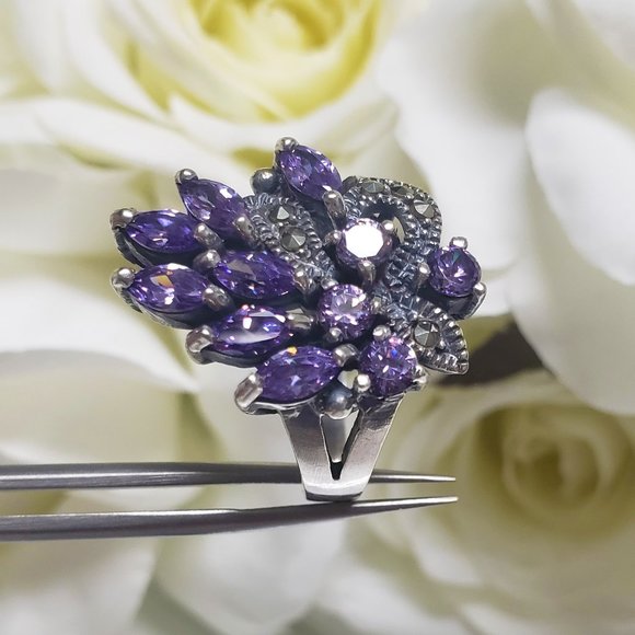 Vintage 925 Silver With Amethyst Stone Marcasite Women Ring - Picture 6 of 6